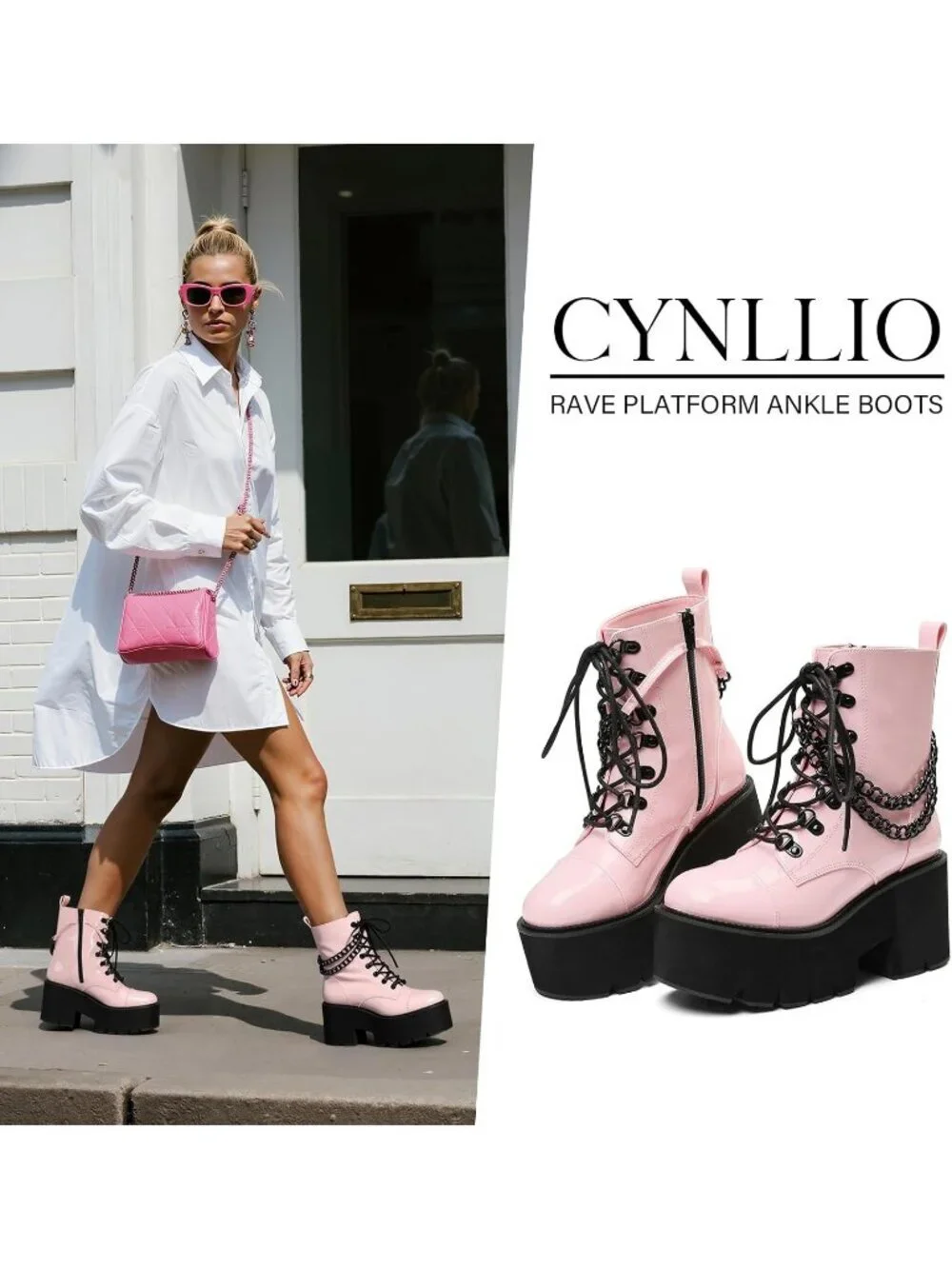Women's Pink Rubber Platform Chunky Wedge Lace Up Chain Zipper Ankle Booties